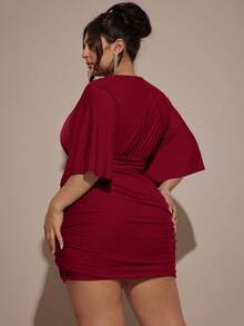 SHEIN BAE Gaun Natal Mini Hijau Leher V untuk Wanita Ukuran Plus - Burgundy - View 2