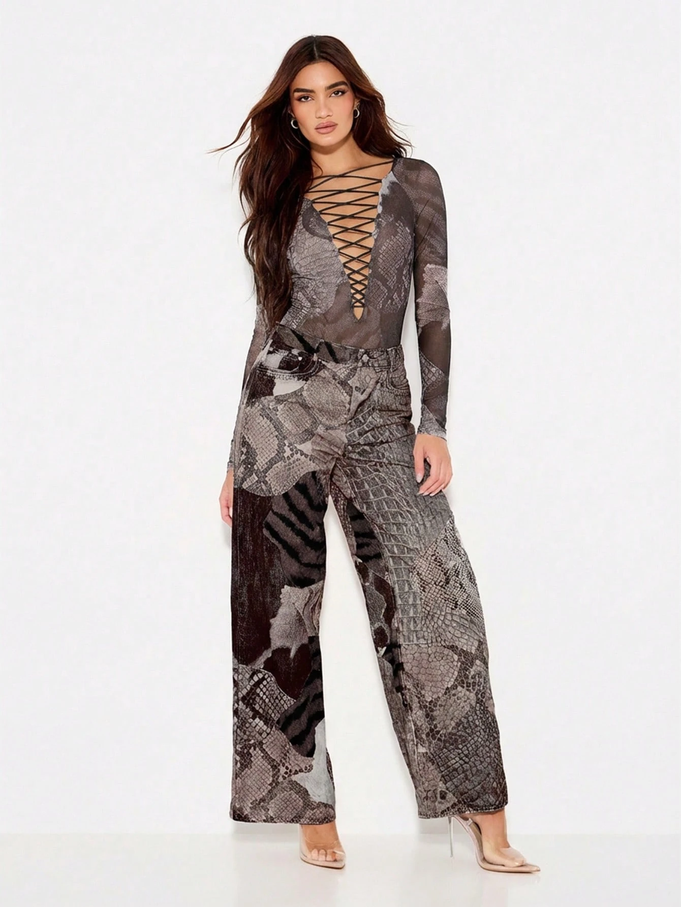 KIZN Snake Print Bodysuit With Lace Up Front