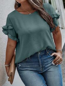 Linhara CURVE 大码夏季休闲纯色荷叶边短袖衬衫 - 水鴨藍 - 查看 4