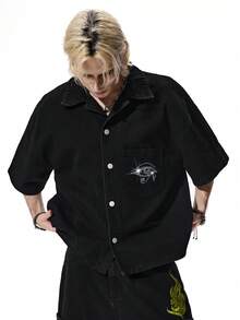 ROMWE MEN ROMWE Avant Men's Fashionable Rhinestone Embellished Denim Shirt, Summer - Black - View 6