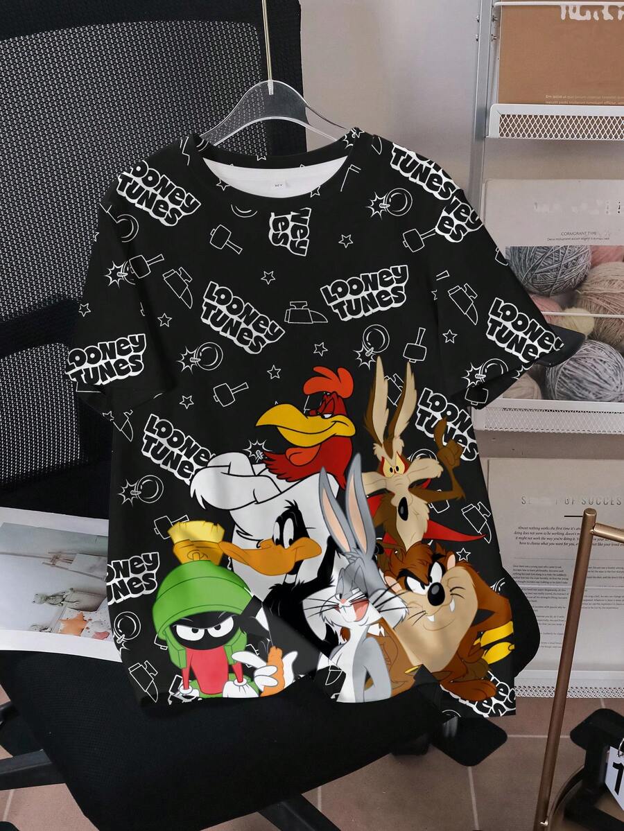 LOONEY TUNES X SHEIN Tween Boy Letter & Cartoon Graphic Round Neck Short Sleeve T-Shirt - White - View 1