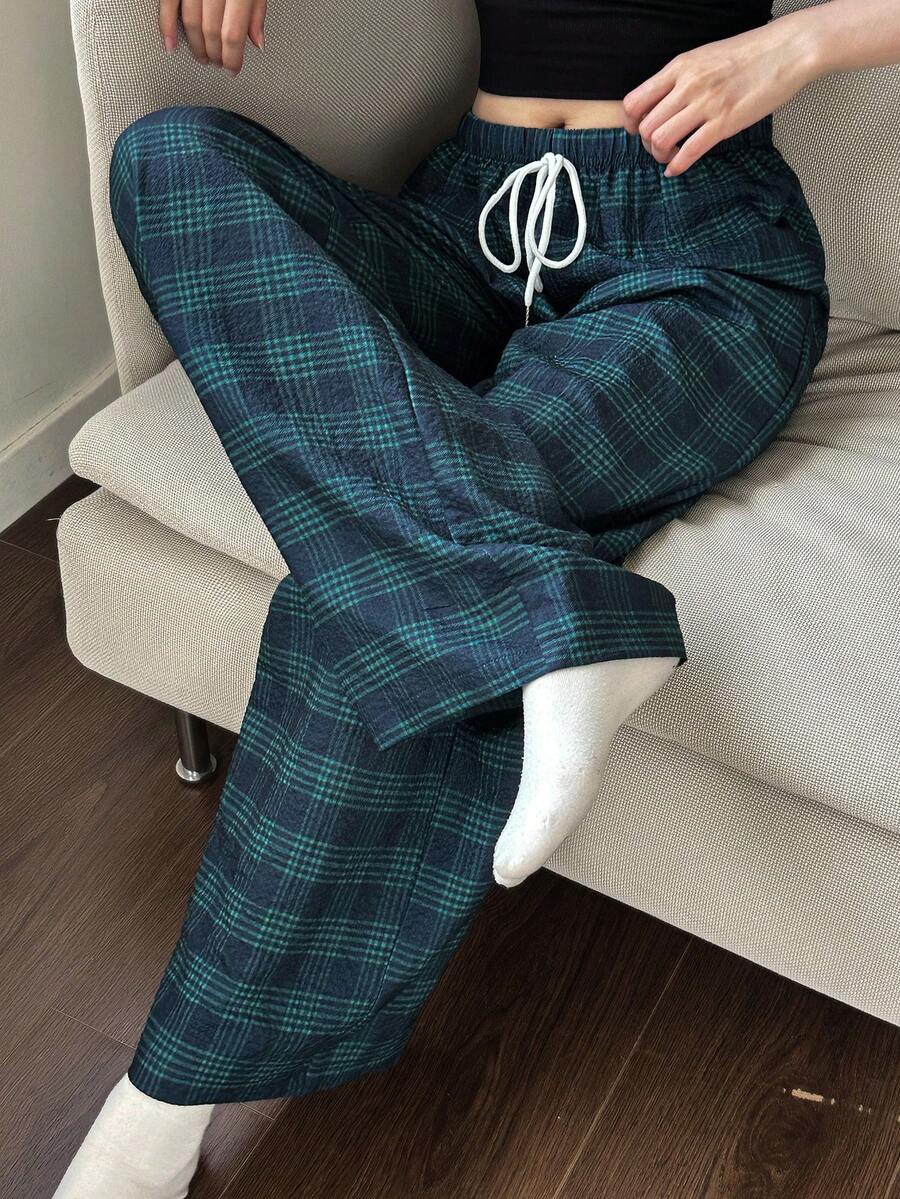 Dream Adore Women's Casual Plaid Print Lounge Pants, Straight Leg, Relaxed Fit, Spring & Autumn - Dark Green - View 1