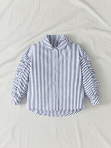 Maija Kids 女童蓝白条纹刺绣褶皱袖领长袖衬衫 - 藍白色 - 查看 6