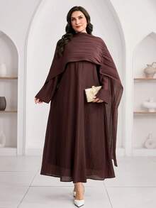Veilorie Plus Size Women Elegant Solid Color Dress With Cape Dress Modest - Coffee Brown - View 6