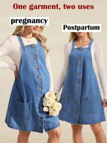 SHEIN Maternity Casual Washed Front Button Dual Pocket Denim Dress - Blue - View 1