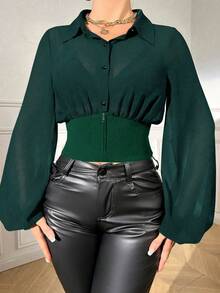 Chiquease Áo sơ mi nữ tay lửng cài nút đơn màu thời trang - màu xanh lá - Xem 5