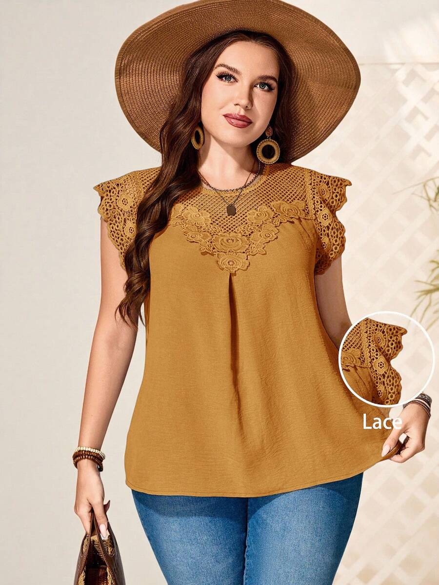 EMERY ROSE Plus Size Women Water-Soluble Lace Tunic Tops Dressy Blouses , Vacation Summer, Summer Tops - Yellow - View 1