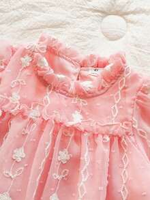 SHEIN Vintaside Kids 女童优雅公主风荷叶边领泡泡袖提花刺绣双层荷叶边下摆宽松公主裙，适合度假、旅行、派对、送礼、春秋季穿着。 - 粉色 - 查看 7