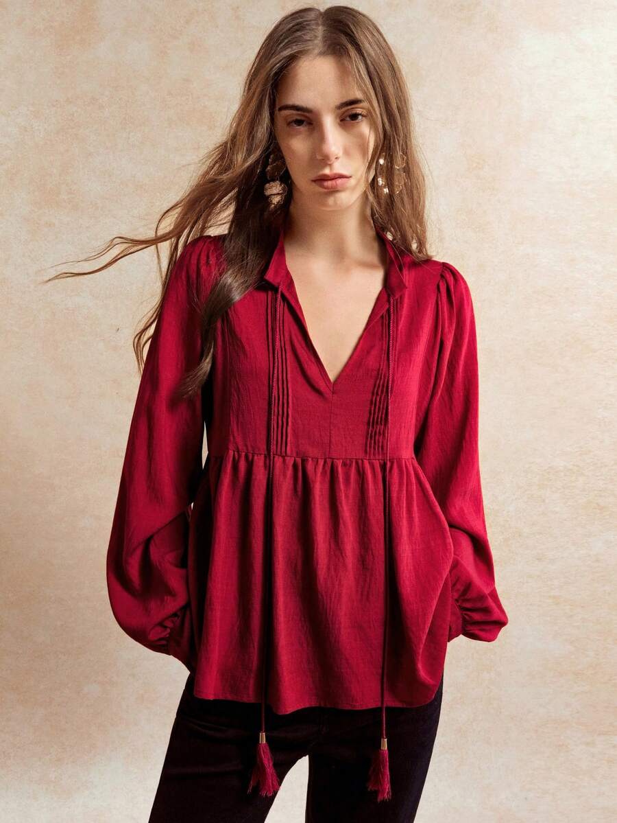 Écloséra French-Style Shirt Casual Shirt Pleated Chest Detail Spring Shirt Burgundy Shirt Long-Sleeve Shirt Suitable For Everyday Wear Spring Outfit Women Blouse Valentine's Day Blouse Elegant Women's Blouses Casual Women Outfits Red Top Red Blouse - Burgundy - View 1
