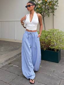 Muchica Women's Casual Striped Flared Leg Pants, Spring/Summer - Blue and White - View 6