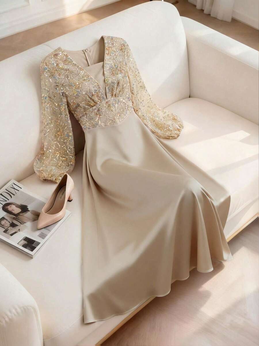 Modelyn Elegant Lantern Sleeve Maxi Dress With Sequin Embroidery, Mesh Panels And Satin Fabric