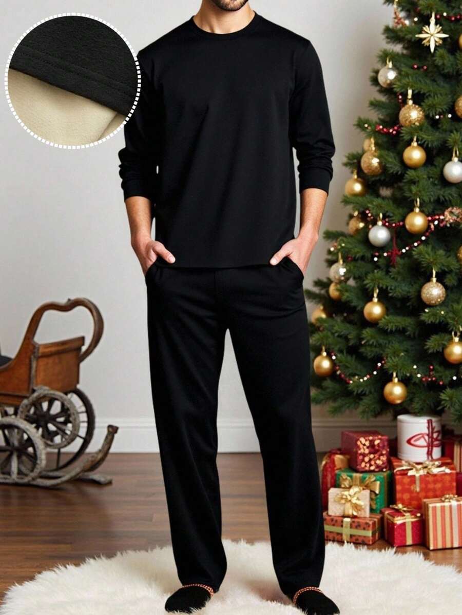 Manfinity VCAY Men's Thermal Lined Top And Pants Pajama Set Couple Men Long Pants Set Men 2 Piece Set Cotton Happy New Year 2026 Men Black Two Piece Set Couples Men Pajama Set - Black - View 1