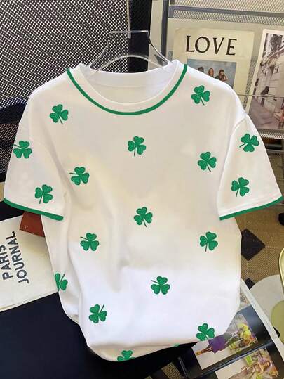 Franclia Women's Clover Print Round Neck Short Sleeve Casual T-Shirt