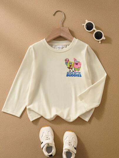 SpongeBob SquarePants | SHEIN Young Boy Casual Cartoon Pattern Round Neck Long Sleeve T-Shirt, Autumn