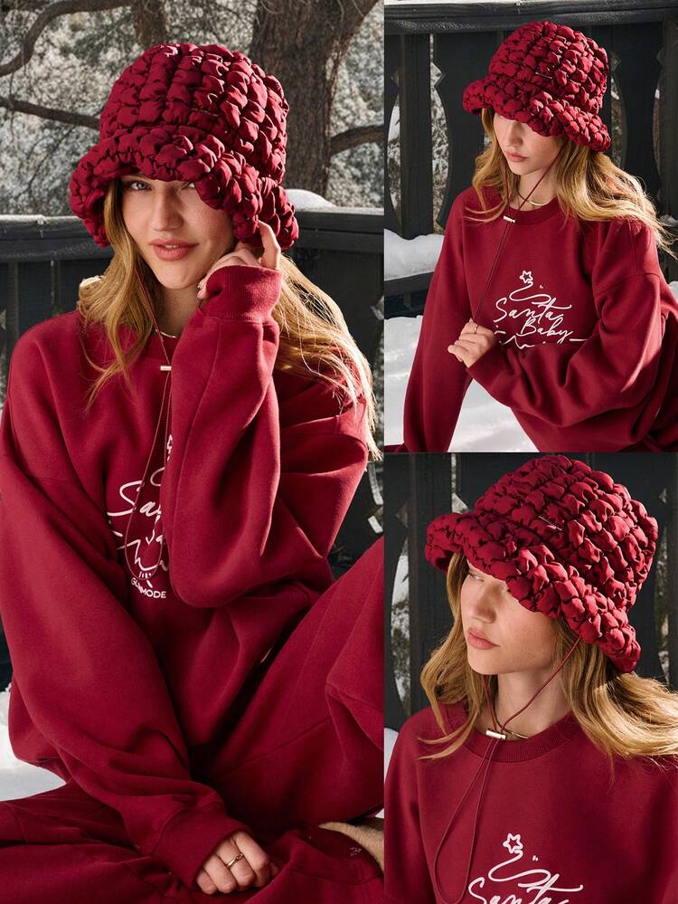 Holly Jolly Water-Resistant Reflective Drawstring Puffer Bucket Hat Outdoors Daily Casual Wear