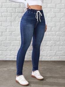 SHEIN Tall Women's Drawstring Waist Skinny Casual Commuting Jeans - Medium Wash - View 3