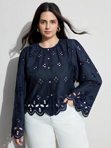Aveloria Modichic Winter New Arrival French Elegant Loose Embroidery Hollow-Out Patchwork Plus Size Long Sleeve Cardigan Shirt - Navy Blue - View 1