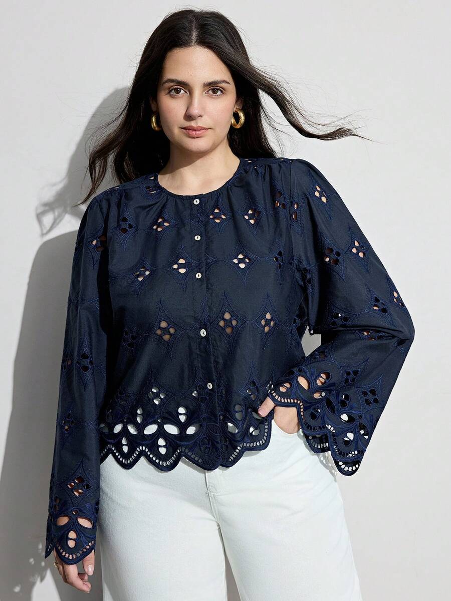Aveloria Modichic Winter New Arrival French Elegant Loose Embroidery Hollow-Out Patchwork Plus Size Long Sleeve Cardigan Shirt - Navy Blue - View 1