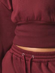 MISSGUIDED Burgundy Cropped Hoodie With Cinched Waist Ribbed Hem Long Sleeve Pullover Sweatshirt - Burgundy - View 4