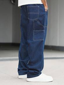 Manfinity Hypemode Men's Casual Street Style Multi-Pocket Patch Vertical Striped Blue Denim Jeans Blue Baggy Jeans Men - Dark Wash - View 3