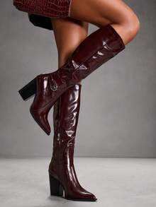 CUCCOO SZL Women's Pointed Toe Buckle Design Fashion Versatile High Heel Knee-High Boots Valentine's Day - Coffee Brown - View 1