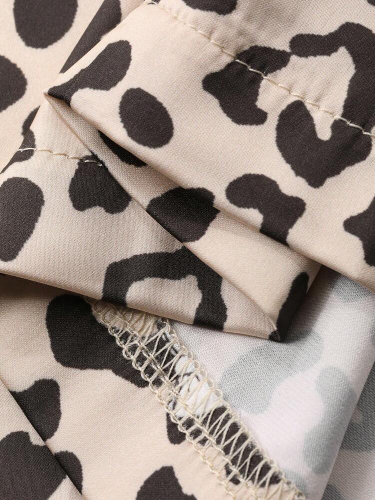 Leopard Print Patchwork Ruffle Waist Straight Loose Women Pajama Bottoms
