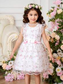 Polyester Sleeveless White Flared Hem Dress For Girls Cute Floral Embroidered Round Neck A Line Short Dress Ruffle Detail - White - View 4