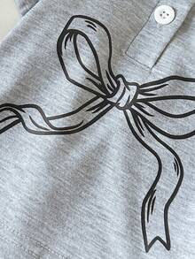 Playful Pals 女婴休闲 Polo 领纽扣前襟印花松紧腰褶裥下摆短袖两件套，夏季 - 灰色 - 查看 5