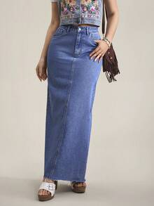 SHEIN Tall 女士带口袋直筒宽松休闲长款牛仔裙 - 藍色 - 查看 8