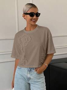 DAZY 女士休闲褶皱印花宽松短袖圆领露脐T恤，夏季 - 卡其色 - 查看 4