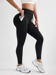 With My Calm Women's Yoga/Outdoor/Gym Tight Leggings With Drawstring Waist, Letter Print And Side Pockets, Basic Style - Black - View 5
