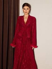 Slumberist Floral Embroidered Lace Robe, Luxurious Long Sheer Bathrobe For Women Night Gown With Robe Lingerie Robe Set Red Night Gown Robes For Women Sexy - Burgundy - View 6