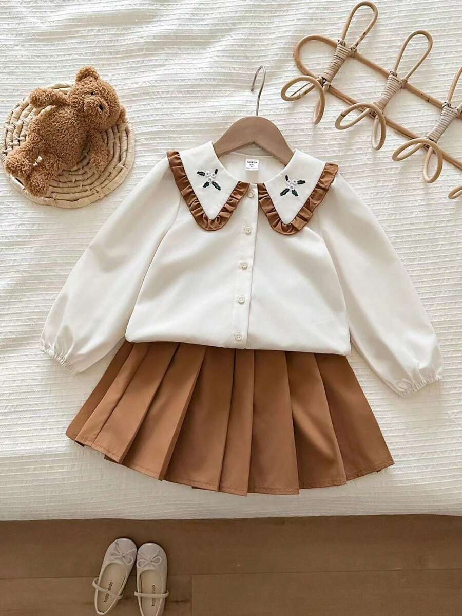 Blossori 女童法式优雅花卉刺绣纽扣衬衫和百褶中长裙套装 - 彩色 - 查看 1