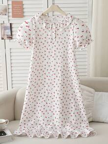 Tween Girl Floral Puff Sleeve Ruffle Hem Nightgown - White - View 5