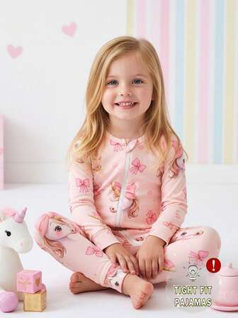 Back To School Fashion Infant Girls Snug Fit Pink Bow Unicorn Digital Print Long Sleeve Zipper Jumpsuit Fall Winter