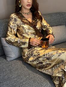 DAZY Floral Print Satin Lace Ruffle Trim Women Pajama Set - Gold - View 5
