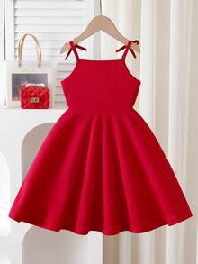 Young Girls Red Sweet Spaghetti Strap Dress With Bow Shoulder Strap, Pearl Decor A-Line Cute Elegant Princess Style, Summer Girls Formal Dress Kids Red Dress Toddler Girls Special Occasion Dress Red Party Dress Toddler Girl Dress Birthday Girl Young Girls Dresses Red Dress For Girls Pearl Waist Dress Kids Party Dress Cocktail Dress For Kids - Red - View 2