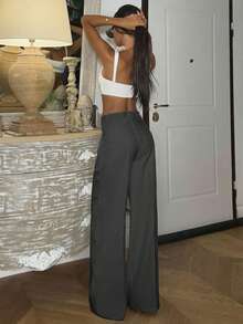 Ronhire 女式高腰直筒褶皱长裤 - 深灰色 - 查看 2