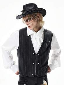 ROMWE MEN Goth Men's Striped Zip-Front Casual Versatile Commuter Vest - Black - View 14