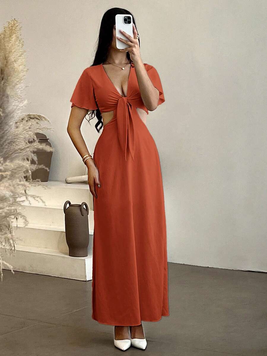 Andrea Bello 素色深V領前打結鏤空高衩洋裝 - 亮橙色 - 查看 1