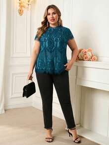 SHEIN Clasi 大码优雅蕾丝拼接雪纺衬衫 - 水鴨藍 - 查看 6