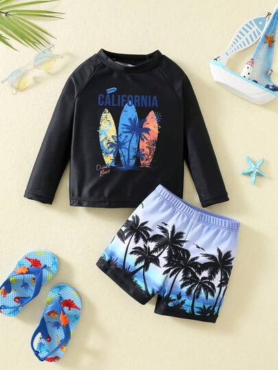 SHEIN 两件套男婴夏季休闲度假泳衣套装，适合夏季海滩、泳池、温泉游泳