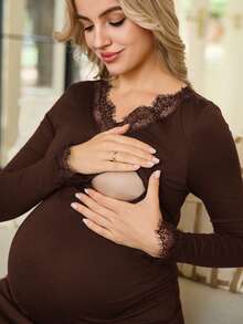 SHEIN Áo cho con bú tay dài cổ chữ V màu trơn, viền ren, thoải mái và thoáng khí. - Cà phê nâu - Xem 4