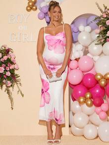 Loomaby Maternity Floral Print Draped Neck Fitted Elegant Camisole Dress Dress Gender Reveal Dress Maternity Dress Baby Shower Dress - Multicolor - View 4