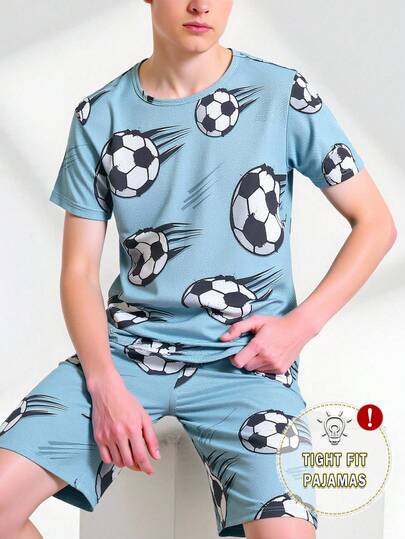 2件青少年男童合身休闲足球图案印花短袖T恤和短裤套装