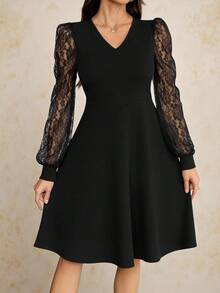 SHEIN Tall Women's V-Neck Contrast Lace Long Sleeve Elegant Mini Dress Midi Black Dress Lace Black Dress Black Elegant Dress Women Hellfire Club French Style Dress Long Sleeve Elegant Dress - Black - View 5