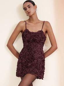 BELROSIE Embroidered Mesh Petal Rose Bodycon Mini Party Dress - Burgundy - View 5