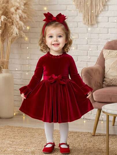 Elegant Burgundy Velvet Long Sleeve Dress For Baby Girl Burgundy Baby Girl Dress Burgendy Baby Girl Dress Christmas Dress For Baby Girl Burgundy Velvet Dress Baby Girl Christmas Dress Autumn/Winter