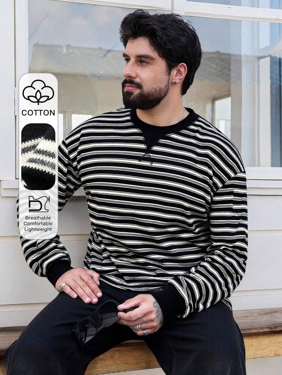 DAZY Men's Casual Striped Round Neck Long Sleeve T-Shirt, Autumn - Multicolor - View 1