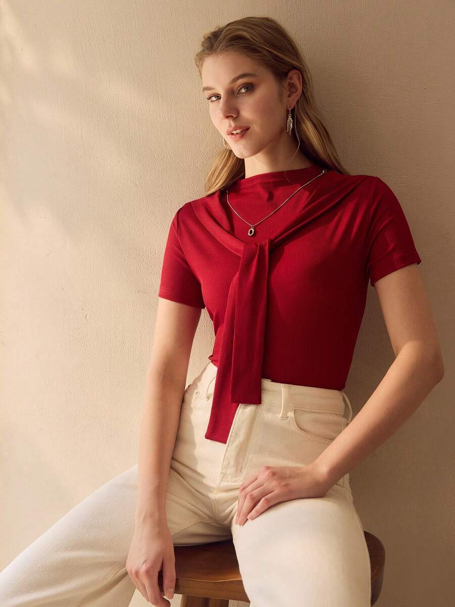 MOTF PREMIUM WOMEN'S FRONT TIE SHORT SLEEVE BLOUSE